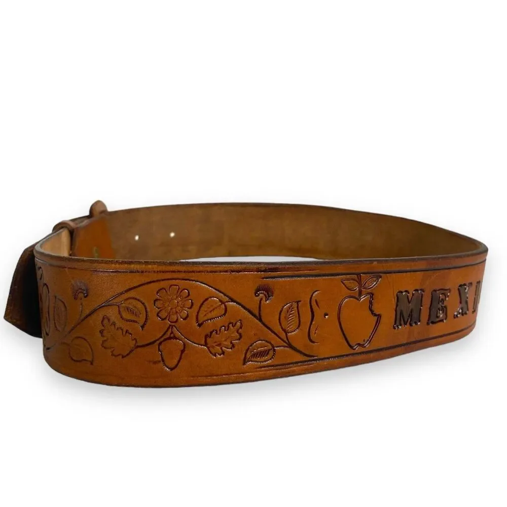 Mexican Tooled Brown Leather Belt Floral Design Size 34 Mexico Apple‎ C14Q